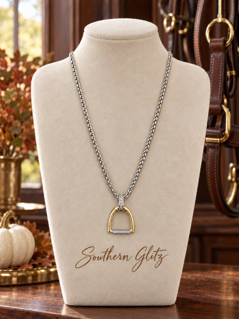 Two Tone Equestrian Stirrup Necklace, Gold & Silver Horse Lover Pendant, Crystal
